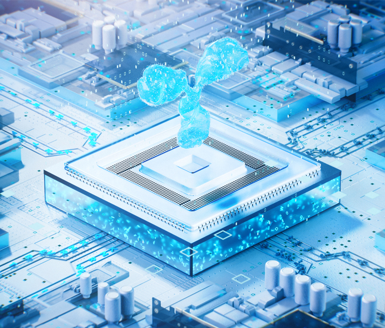 Image of a blue antibody on a white computer chip with circuits running in and out of the chip.
